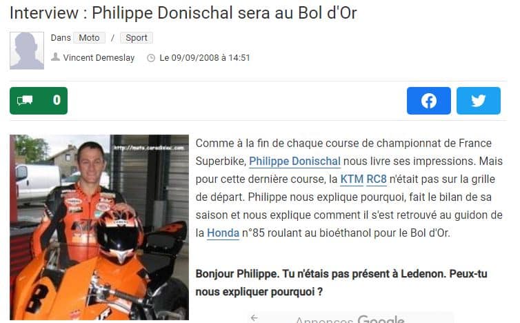 Interview Donischal Philippe par Caradisiac pour le bol d'or 2008